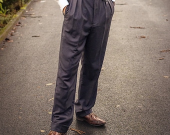 1940s Style Fishtail Back Trousers - Grey High Waist Harry Pants, Men's Retro Swing Trousers