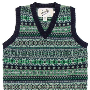 Fairisle Tank Top - 1940s Authentic Vintage Look - Socialite Scottish Wool Knitted Vest Pullover in Navy Blue - Retro Men&#39;s Knitwear