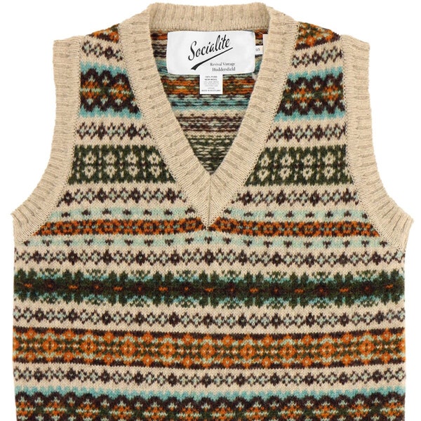 Womens Fairisle Tank Top - Hand Produced Pure Scottish Shetland Wool Vintage 1940s 1950s Style Vest - Bracken Beige