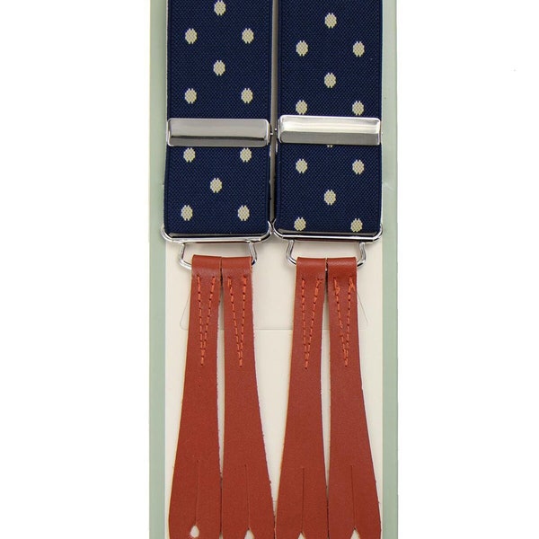 Trouser Braces | Authentic 1940s Handmade Vintage Style Blue Spot Y-Back Button Suspender Braces with Tan Leather Loops