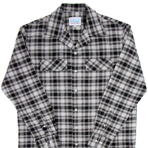 Grey Check Flannel Shirt - 1940s 1950s Authentic Vintage Replica - Revival Cotton Rockabilly Style - Men's Open Neck Retro Leisure Shirt