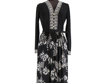 Vintage monochrome dambord bloemen maxi-jurk UK 8