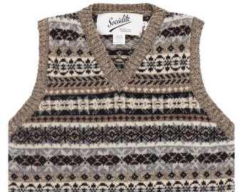 Fairisle Tank Top - 1940er Jahre Original Replica - Socialite "Pilz" Strickweste Pullover in Beige & Grau - Retro Herren Strickmode