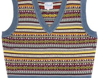 Débardeur Fairisle - réplique vintage authentique des années 40 - pull gilet en tricot Revival « Melvin » en bleu Paridae - tricots rétro pour hommes