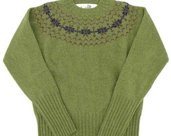 Womens 1940s Vintage Style Jumper - Socialite Premium Quality Pure Scottish Lambswool Fairisle Retro Sweater - Olive Green