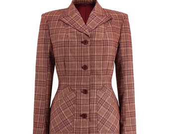 Red Check Forties Skirt Suit - 1940s Style Authentic Vintage CC41 Replica - Socialite "Homefront" Suit in Claret Red - Retro Womenswear