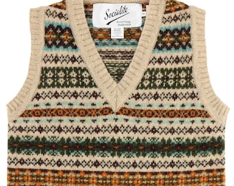 Damen Fairisle Tank Top - Hand Produzierte Reine Schottische Shetland Wolle Vintage 1940er 1950er Jahre Stil Weste - Bracken Beige