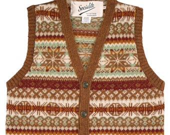 Buttoned Fairisle Tank Top - 1940s Authentic Vintage Replica - Socialite Knitted Vest Waistcoat in Sienna Brown - Retro Men's Knitwear