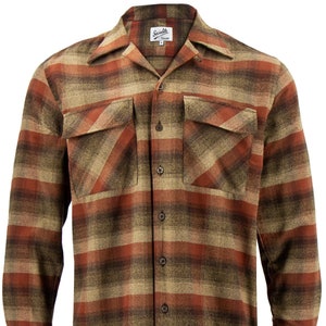 Mens Plaid Camp Shirt - Brown Check - 1950s Authentic Vintage Look Camping Shirt - Revival Men&#39;s Open Neck Retro