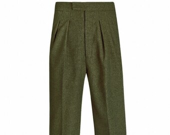 Herringbone Wool Fishtail Trousers - Socialite 1930s 1940s Forties Quality Replica Vintage Style "Clubman" Trousers - Green