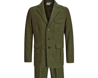 Herringbone Wool Suit - Socialite 1930s 1940s Forties Quality Replica Vintage Style "Clubman" Pleated Pocket Jacket & Trousers - Green