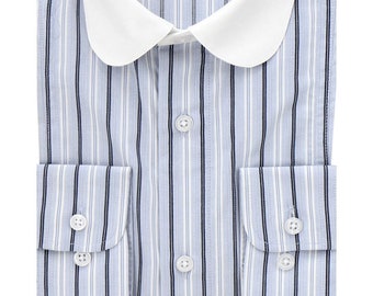 Socialite Byram Shirt 1930s 1940s Style Barrel Cuff - Premium Cotton Blue Stripe