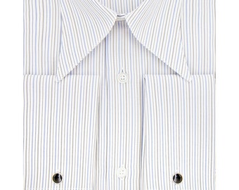Camisa estilo vintage con cuello de punta de lanza, rayas grises y azules, puños franceses