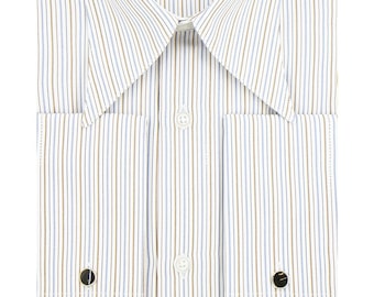 Vintage Style Spearpoint Collar Shirt – Brown Blue Stripe, French Cuff