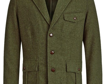 Herringbone Wool Jacket - Green Socialite 1930s 1940s Forties Quality Replica Vintage Style Clubman Pleated Pocket Jacket