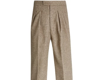 Herringbone Wool Fishtail Trousers - Socialite 1930s 1940s Forties Quality Replica Vintage Style "Clubman" Trousers - Beige