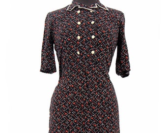 Double Breasted True Vintage Retro 1940s Black Pattern Dress UK 10