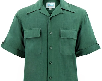 Green Cotton Leisure Shirt - 1940s 1950s Authentic Vintage Replica - Revival Pure Cotton - Retro Men's Dark Green Casual Summer Shirt