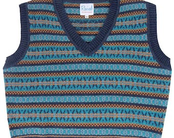 Débardeur Fair Isle - réplique vintage authentique des années 40 - pull gilet en tricot Revival « Walter » en bleu martin-pêcheur - tricots rétro pour hommes