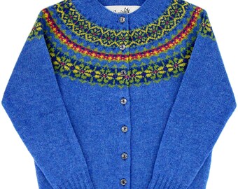 Womens 1940s Vintage Style Cardigan - Socialite Premium Quality Pure Scottish Lambswool Fairisle Retro Cardigan - Obrina Blue