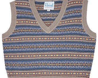 Fairisle Tank Top - 1940er Jahre Original Replik - Revival ""Walter"" Strickweste Pullover in Tawny Grau - Retro Herren Strickmode."