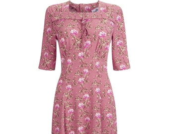 Forties Floral Dress - 1940s Authentic Double Elevens Vintage Replica - Socialite "Tribute" Ditsy Floral Retro Dress in Soft Pink