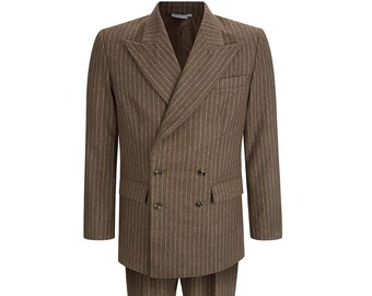 Demob Wool Suit - Socialite 1930s 1940s Quality Vintage Replica Deliverance Suit in Brown - Pinstripe Peak Lapel Jacket & Fishtail Trousers