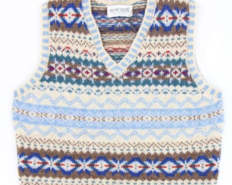 Fairisle Wolle Tank Top - 1940er Jahre Vintage Stil für Herren - Premium Handgestrickter schottischer Strickwaren - Nordic Blue