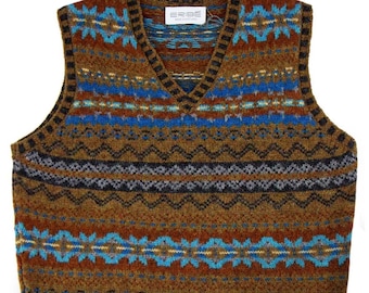 Fairisle Wolle Tank Top - Herren 1940er Jahre Vintage Style Strick - Premium Handgestrickter schottischer Strickwaren - Treibholz Braun