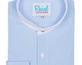 Blue Stripe Collarless Shirt with Stud - 1930s 1940s Authentic Vintage Replica - 100% Cotton Single Barrel Detachable Collar Grandad Shirt