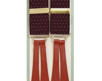 1940s Style Burgundy Pin Spot Braces | Handmade Y-Back Suspender with Tan Leather Loops