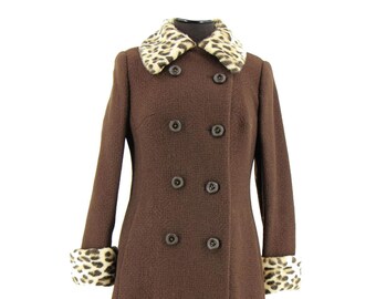 1960s True Vintage Leopard Trim Brown  Wool Eastex Coat 10-12