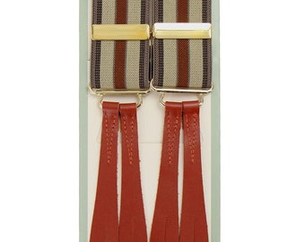1940s Style Trouser Braces | Tan Cream Stripe Y-Back Suspender with Leather Loops
