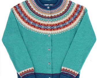 Merino Lambswool Cardigan - Women's 1940s Vintage Style Fairisle Alpine Knit - Premium Hand-Knit Scottish Knitwear - Jade Teal