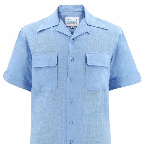 Pale Blue Cotton Leisure Shirt - 1940s 1950s Authentic Vintage Replica - Revival Pure Cotton - Retro Men's Blue Casual Summer Shirt