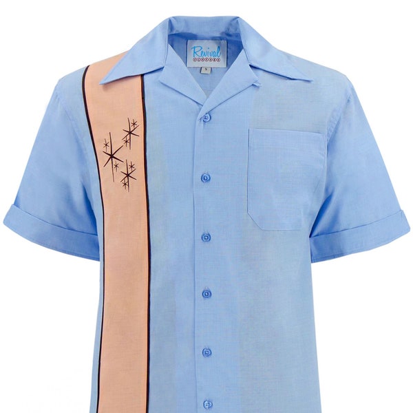 Sky Blue Bowling Shirt - 1940s 1950s Authentic Vintage Retro Style - Men's Fifties Rockabilly Casual Cotton "Daytona" Leisure Shirt