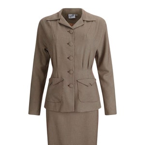 Forties Two Piece Skirt Suit - 1940s Authentic Vintage Look - Socialite &quot;Victory&quot; Women&#39;s Skirt Suit in Brown Check - Retro Womenswear