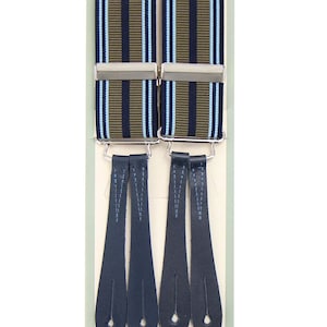 Trouser Braces | Authentic 1940s Handmade Vintage Style Khaki & Blue Stripe Y-Back Button Suspender Braces with Blue Leather Loops