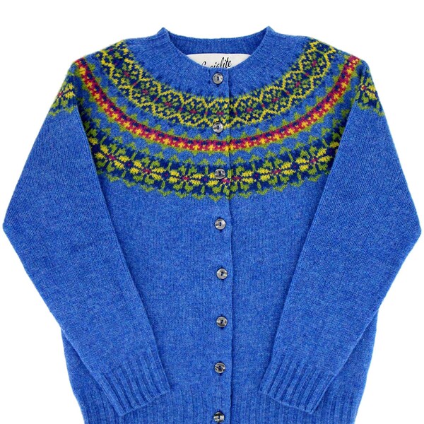 Womens 1940s Vintage Style Cardigan - Socialite Premium Quality Pure Scottish Lambswool Fairisle Retro Cardigan - Obrina Blue