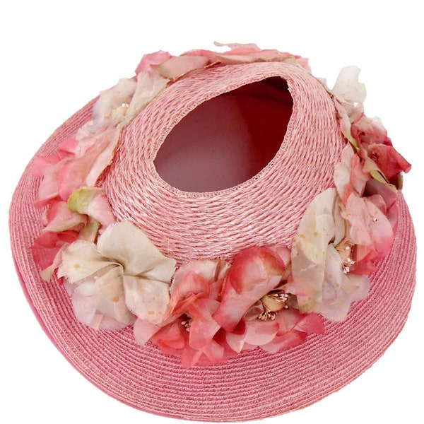 True Vintage 1950s 1960s Pink Floral Open Crown Hat - Fifties Sixties True Vintage Flower Trim Straw Hat