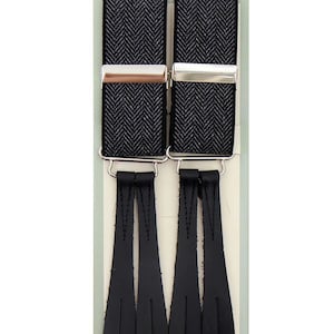 Trouser Braces | Authentic 1940s Handmade Vintage Style Charcoal Herringbone Y-Back Button Suspender Braces with Black Leather Loops