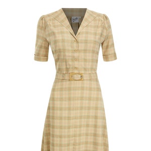 Forties Plaid Dress - 1940s Style Authentic Vintage Replica - Socialite "Lumber Jill" Work Dress in Flax Beige - Retro Dress