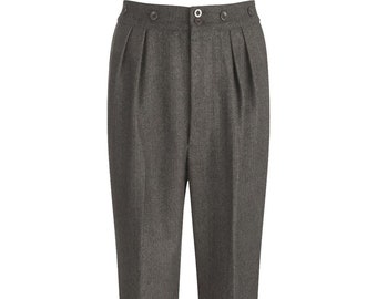 Herringbone Wool Trousers - 1940s Style Authentic Vintage Look - Revival &quot;Granville&quot; Notch Back Trousers in Grey - Retro Menswear