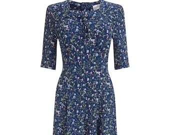 Forties Floral Dress - 1940s Authentic Double Elevens Vintage Replica - Socialite "Tribute" Ditsy Floral Retro Dress in Navy Blue