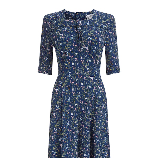 Forties Floral Dress - 1940s Authentic Double Elevens Vintage Replica - Socialite "Tribute" Ditsy Floral Retro Dress in Navy Blue