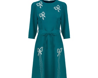 Forties Embroidered Dress - 1940s Style Authentic Vintage Replica - Socialite "Beau Belle" Bow Dress in Jade Green - Retro Dress