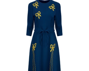 Forties Embroidered Dress - 1940s Style Authentic Vintage Replica - Socialite "Beau Belle" Bow Dress in Navy Blue - Retro Dress