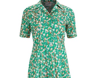 Cotton Forties Dress - 1940s Style Authentic Vintage Replica - Socialite "Harmony" Floral Day Dress in Daybreak Green - Retro WW2 Dress