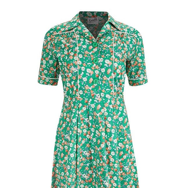 Cotton Forties Dress - 1940s Style Authentic Vintage Replica - Socialite "Harmony" Floral Day Dress in Daybreak Green - Retro WW2 Dress