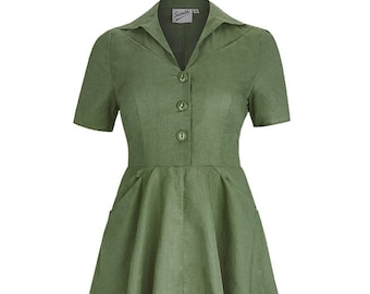 Cotton Forties Dress - 1940s Style Authentic Vintage Replica - Socialite "Melody" Shirtwaister Day Dress in Willow Green - Retro WW2 Dress